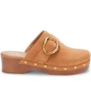 Vince Camuto Tan Suede Mules with Gold Accents
